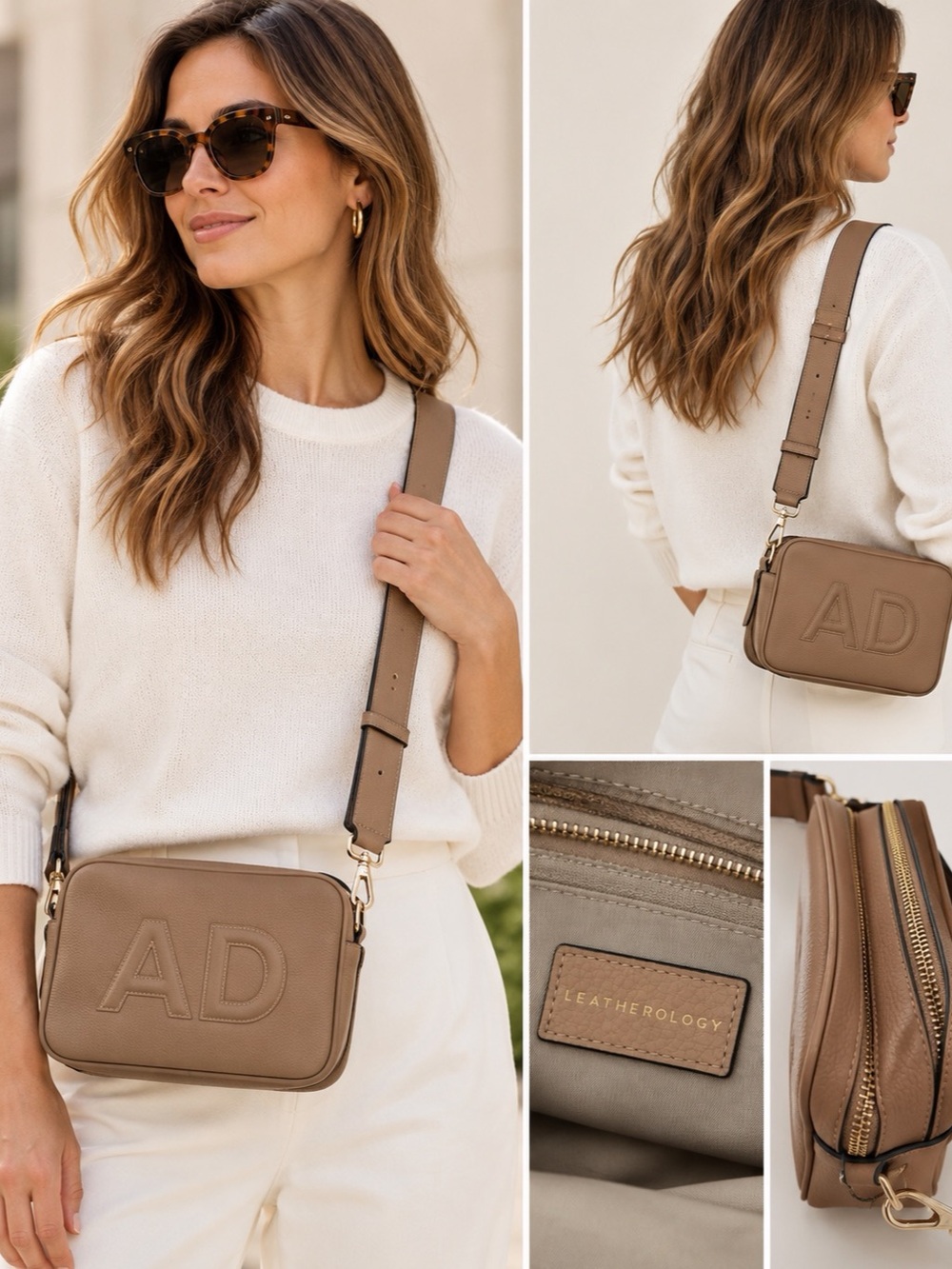 Leatherology Double Zip Camera Crossbody Bag Tan Taupe Monogram AD Leather